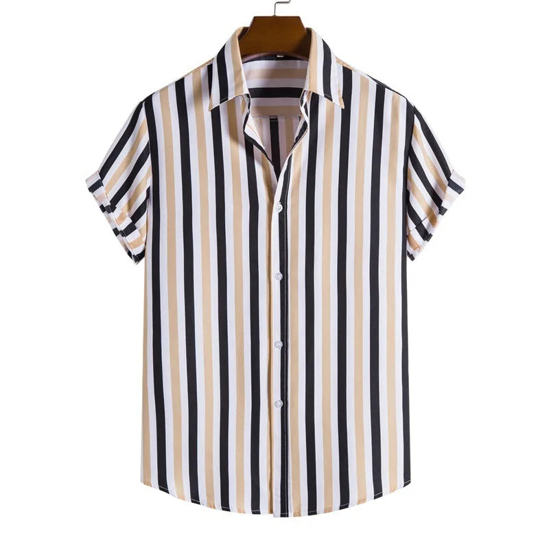 2023 New Men's Striped Short Sleeve Shirt Brand Fashion Loose Lapel Print