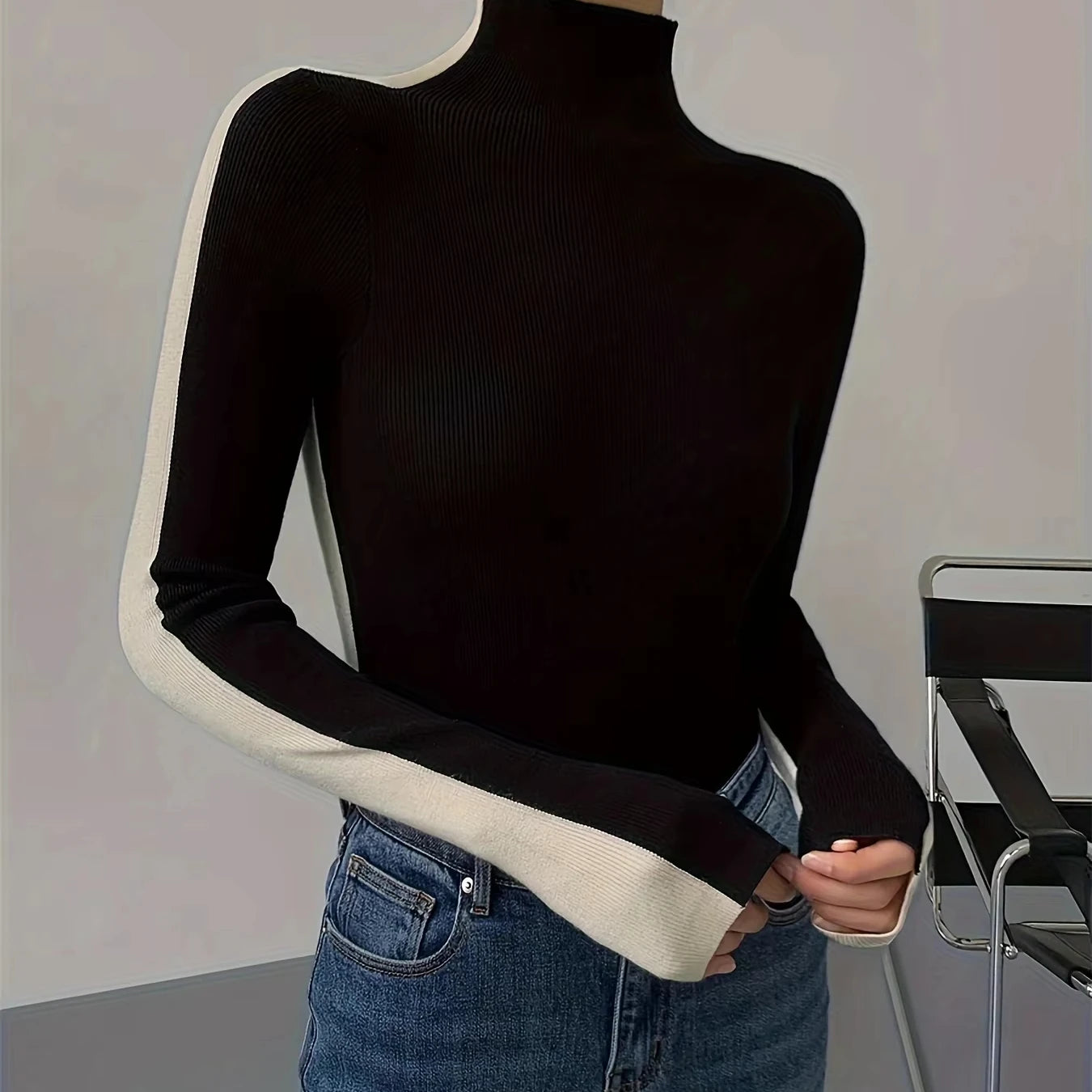 Best Selling Autumn Spring Turtleneck Elegant Two Tone Double Sided Long Sleeve Knit  Women'S Casual Sweater Knitwear Clothing
