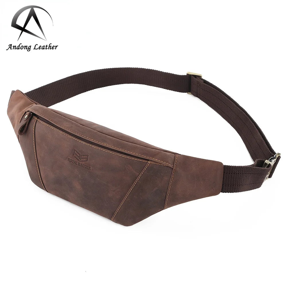 Royal Bagger Men Crazy Horse Leather Waist Pack Shoulder Bag Retro Genuine Cowhide Chest Bags Outdoor Sport Cycling Phone Pocket