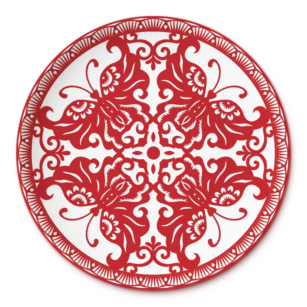 Vintage Style Red Butterfly Printed Ceramic Charger Plates Bone China Ceramic Dishes and Plates Set for Events Plant Pattern