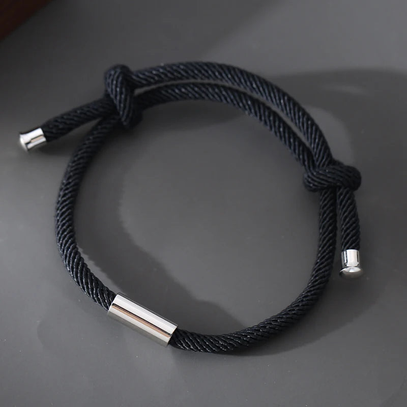 Newest Mens Bracelets Fashion Stainless Steel Custom Engravable Round Tube Charm Adjustable Rope Bracelet