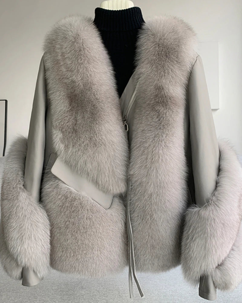 OFTBUY 2023 Luxury Real Fox Fur Jacket for Women Genuine Leather Thick Warm Streetwear Locomotive Outerwear Plain Dyed Nonwoven