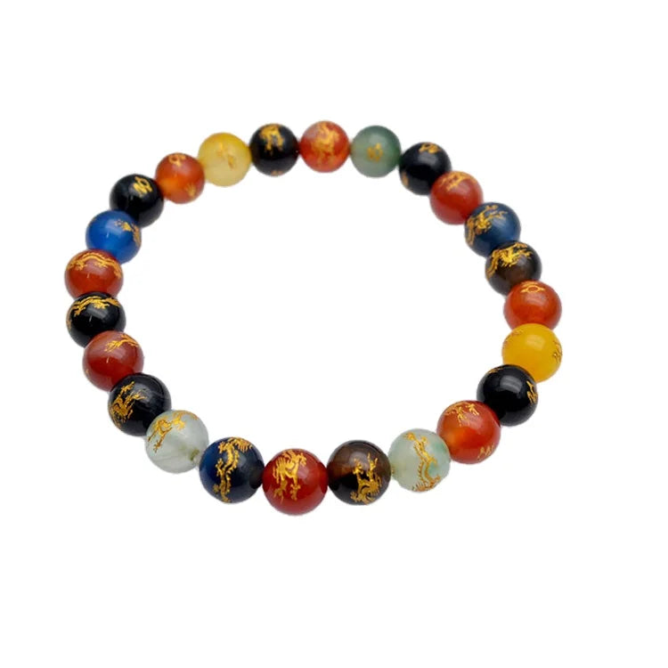 Wholesale Natural Gemstone Carved Dragon Mix Color Agate Round Beads Bracelet