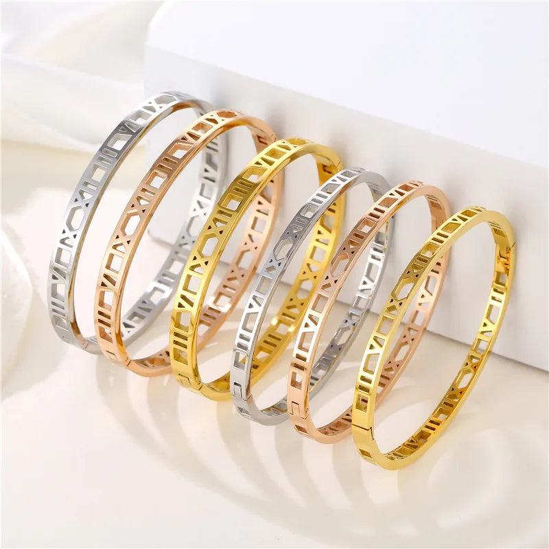 Wholesale Custom 18K Gold Plated Stainless Steel Roman Numerals Bijoux Acier Inoxydable Cuff Bangle Bracelet