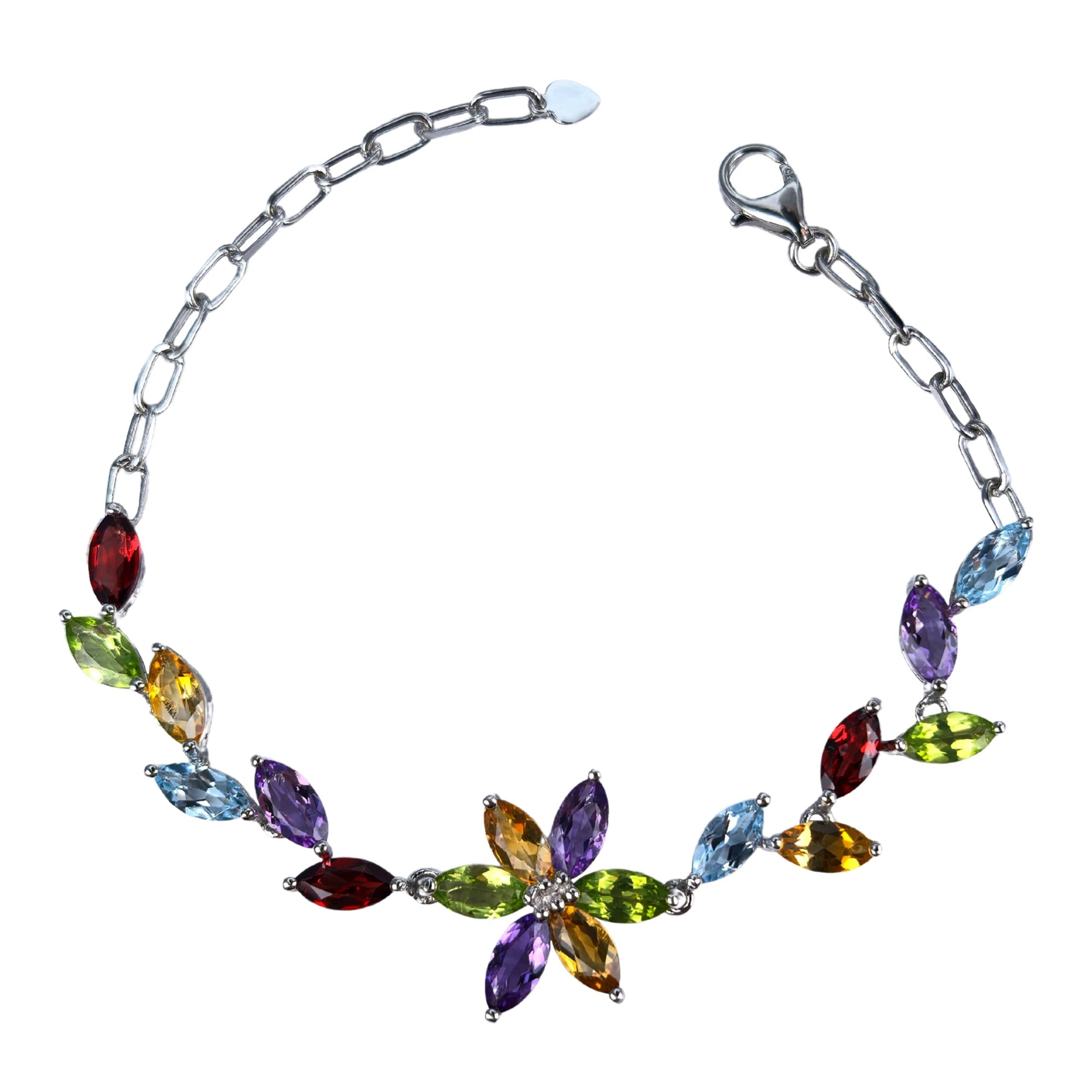 Elegant Rhodium Plated Silver 925 Jewelry Multiple Natural Gemstone Flower Bracelet for Women Birthday Gift