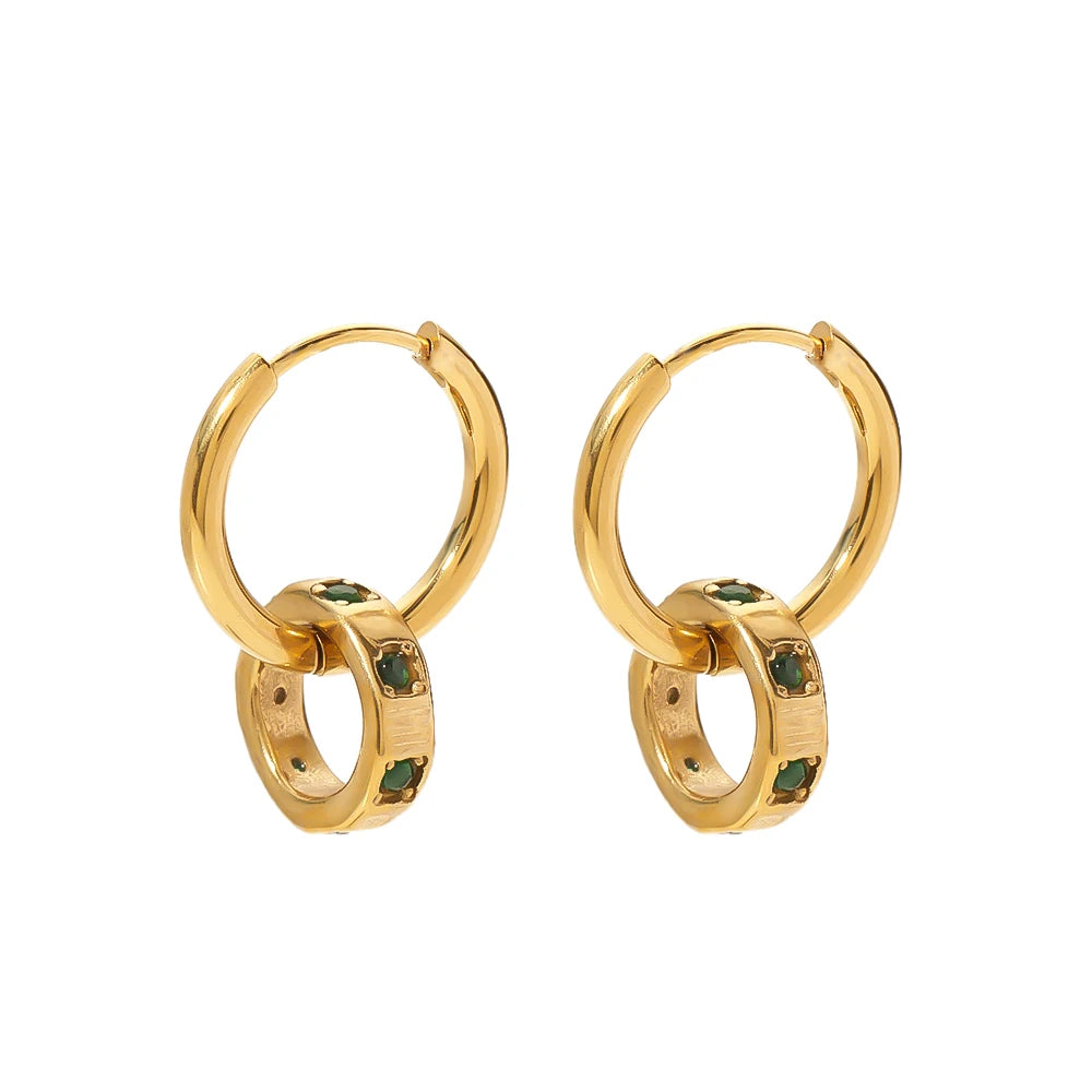 18K Gold Plated Stainless Steel Retro Double Rings Green Cubic Zirconia Hoop Earrings for Women Waterproof Jewelry