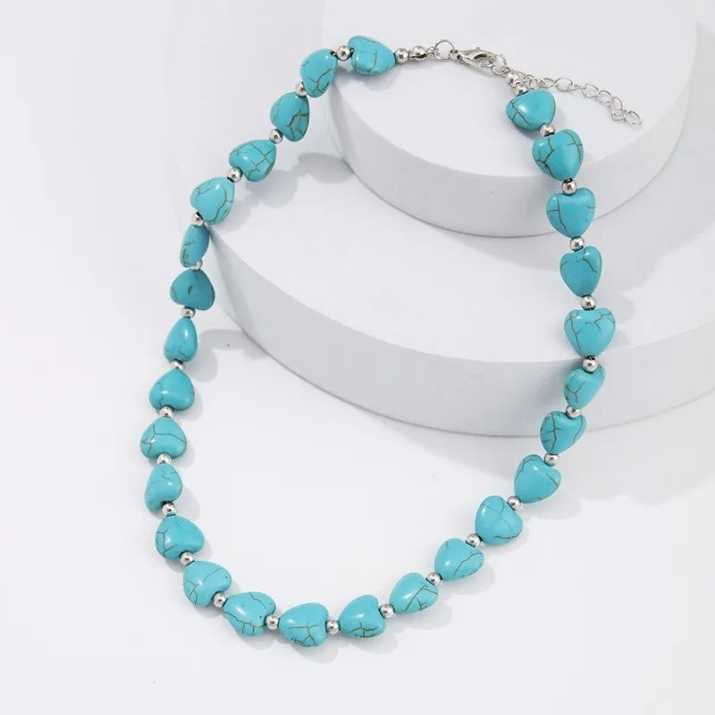 Semi-Precious Gemstone Necklace Natural Heart Shape Blue Turquoise Stone Necklace Trendy Handmade Healing Jewelry for Women Gift