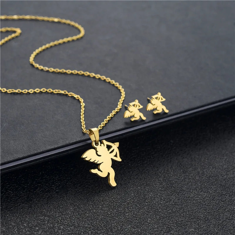 New Fashion 18K Gold Link Chain Cheap Wholesale Set of Stainless Steel Angel Necklace and Earring Trendy for Gift Occasions