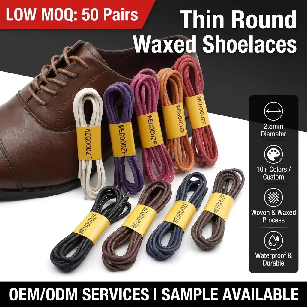 Custom Thin Round Waxed Shoelaces 2.5 MM Thick Wholesale Waterproof Shoe Laces for Men Women Dress Shoes and Boots Oxford