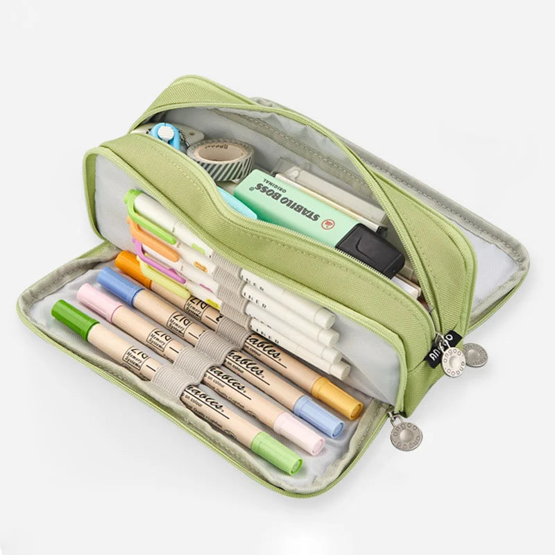 Large Capacity 3-Compartments Canvas Pencil Case Durable Stationery and Makeup Bag Storage