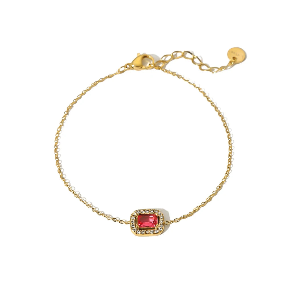 Ins Design Hot Sell Fashion Stainless Steel 18K Gold Plated Rectangle Pendant Red CZ Women Bracelets for Daily Wearing