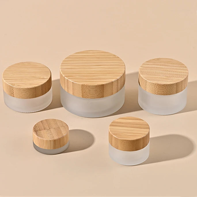 Eco Friendly 5g 15g 30g 50g 100g Cosmetic Cream Green Amber clear Frosted Glass Jar with Bamboo Lid