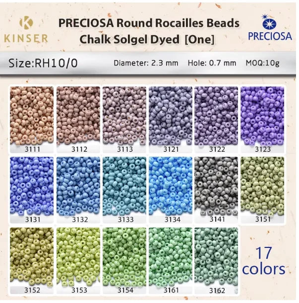 Preciosa Rocailles Round Hole 10/0 Beads 2.3 mm [17 Color Chalk Solgel Dyed First Series ]10g Pack