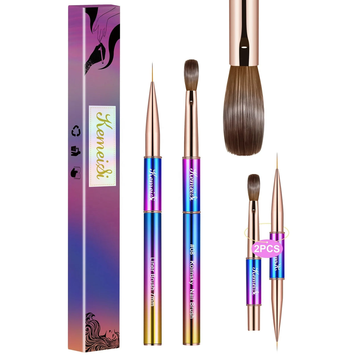 New Professional Pincel Para Acrilico Kolinsky Hair Metal Handle Gradual Style Double Head 2pc + Liner Nail Brush Set MegaBDM