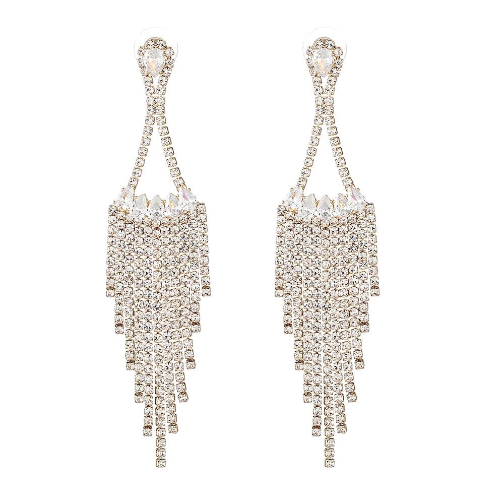 Classic Gold-Plated Brass Chandelier Earrings Women's Exaggerated Shiny Rhinestone Tassel Drop Earrings Geometric Fashionable