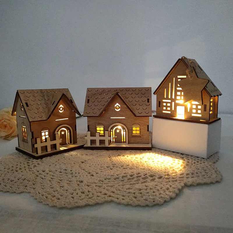 Festival Unique Decorative Design Santa Claus Pattern Christmas Cabin Wooden DIY Retro House Ornament with Light for Home Table