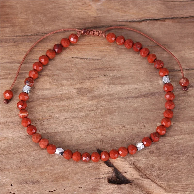 Popular Jewelry Vintage Gemstone 4mm Red Jasper Beads Dainty Bracelet Boho Tibetan Adjustable String Braided Bracelet Women Jewelry Dropshipping