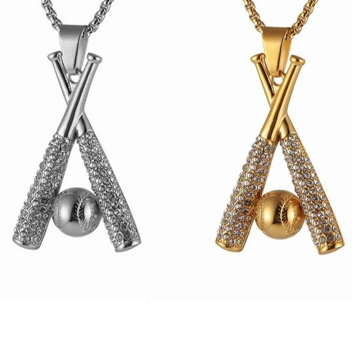 Fatingna 18K Gold Plated Tarnish-Free Titanium Steel Baseball Bat Pendant Necklace Box Hot Selling Sport Rhinestone Accessory