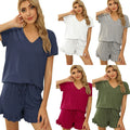 Women's Spring Summer Fleece V-neck Short Sleeve Pajamas Set Lounge Wear Home Sleepwear Wholesale