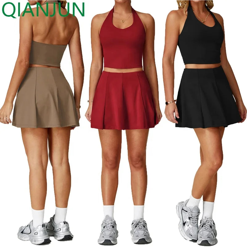 Wholesale Golf Tennis Skirt Sets High Waist Sports Gym Wear V Neck Sleeveless Golf Dress Fitness Suits for Women