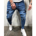 Fashion Men Pocket Cargo Denim Jeans Casual Street Wear Washed Blue Soft Skinny Patches Drawstring Men Denim Jeans