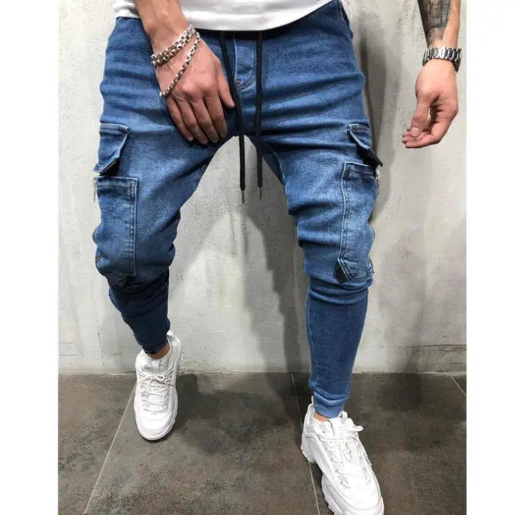 Fashion Men Pocket Cargo Denim Jeans Casual Street Wear Washed Blue Soft Skinny Patches Drawstring Men Denim Jeans