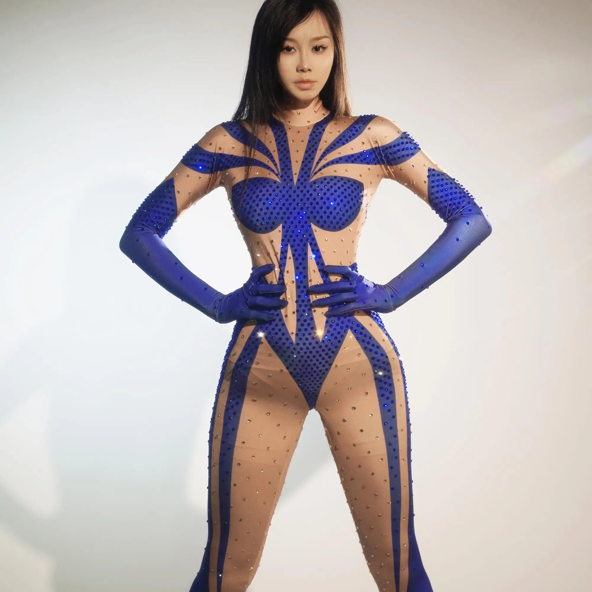 Shiny Crystal Rhinestone One Piece Bodysuit Stripper Outfit Long Sleeve Leotard Club Rompers Ladies Dance Performance Jumpsuits