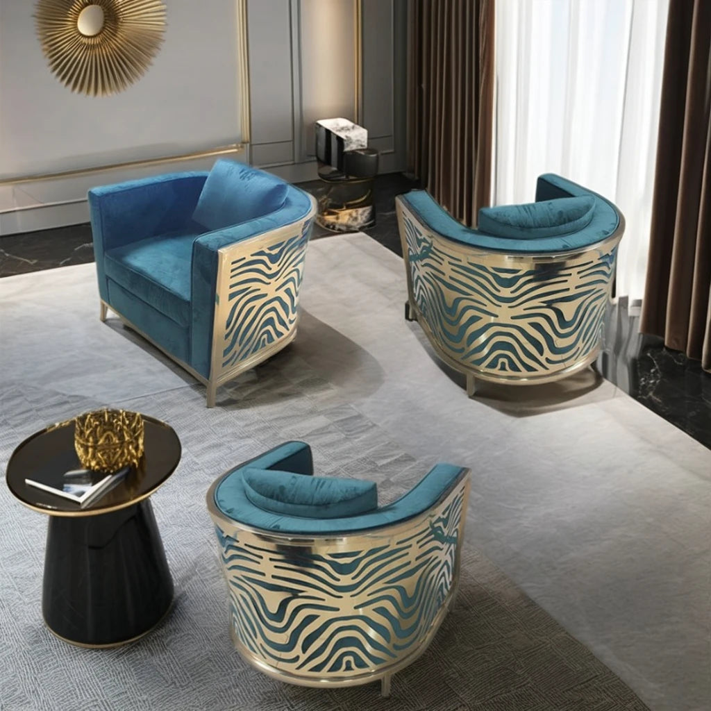 Single Seater Luxury Velvet Sofa Set for Living Room Dining Bedroom Furniture Golden Stainless Steel Frame Zebra Upholstered