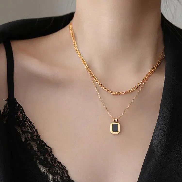 SC Minimalist 18K Gold Plated Cuban Link Chain Necklace Non Tarnish Black Rome Square Pendant Stainless Steel Layered Necklace