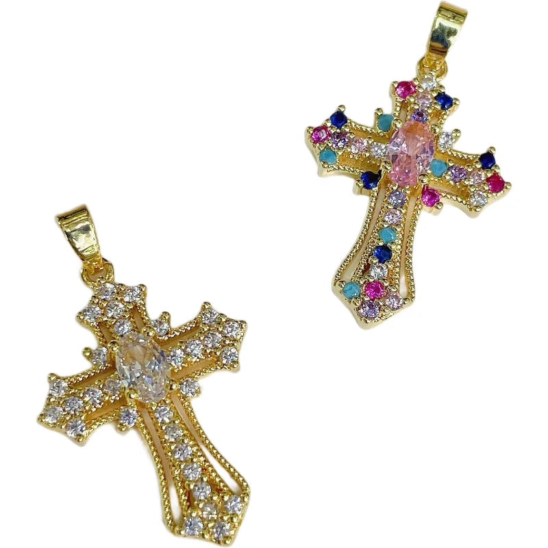 Diy Punk Jewelry Quality Copper Gold Plated Accessories Exquisite Colorful Zirconia Cross Necklace Pendant for Jewelry Making