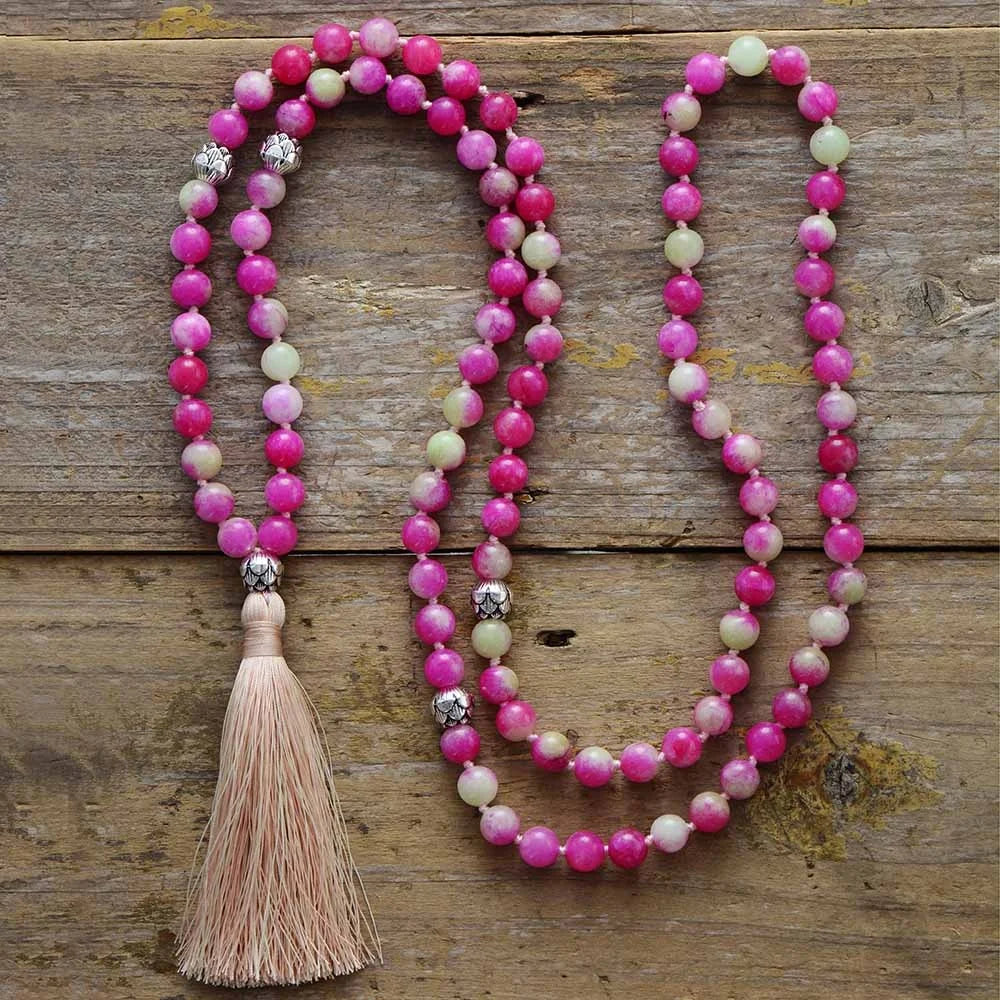 Handmade 108 Bead Mala 8mm Jade Beads Long Tassel Lotus Spiritual Meditation Buddhism Unisex Necklace Wedding/Anniversary Yoga