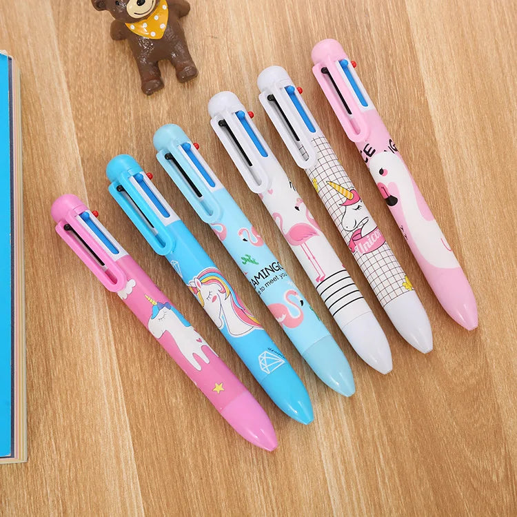 Stationery Flamingo Colored Ballpoint Pen Cute Student Multi Color Pen Cartoon unicorn 6 Color Ballpoint Pen