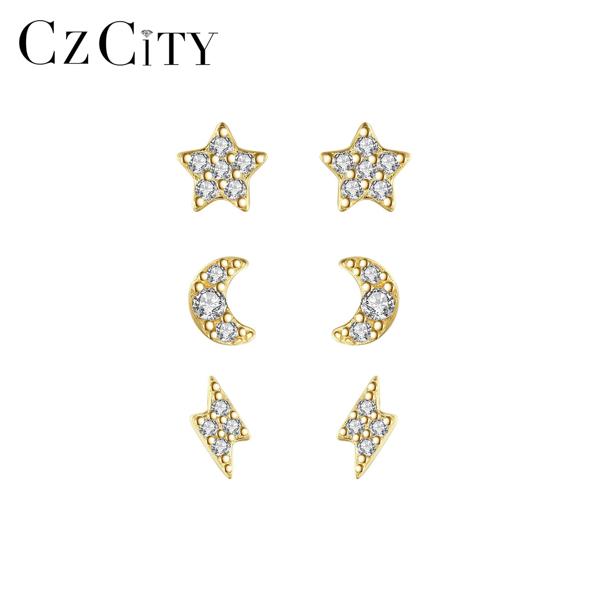 CZCITY Cute Cubic Zirconia Summer Trendy Moon Star Silver 925 Sterling 2026 Fashion Lady Stud Earring Set