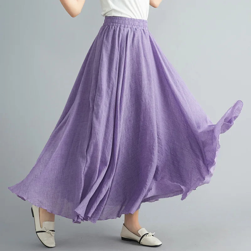 10%OFF Women's Elegant High Waist Linen Maxi Skirt Summer Ladies Casual Elastic Waist 2 Layers Skirts Saia Feminina