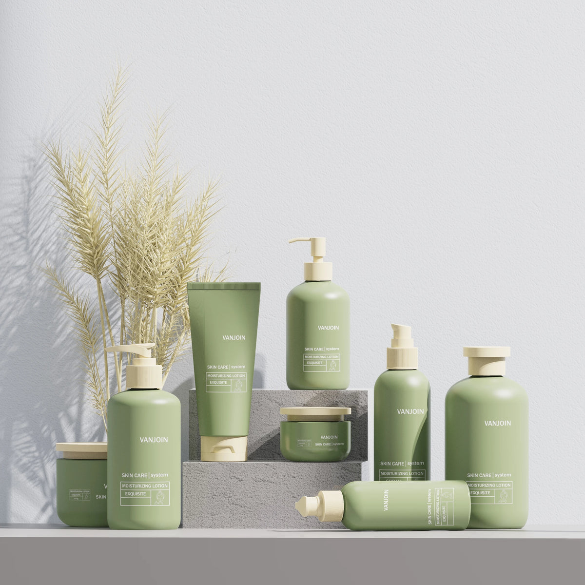 Round Bottle Cosmetic Set with Lotion Pump and Cream Jar Luxury Packaging PE Material Custom Packing for Champagne & Soda