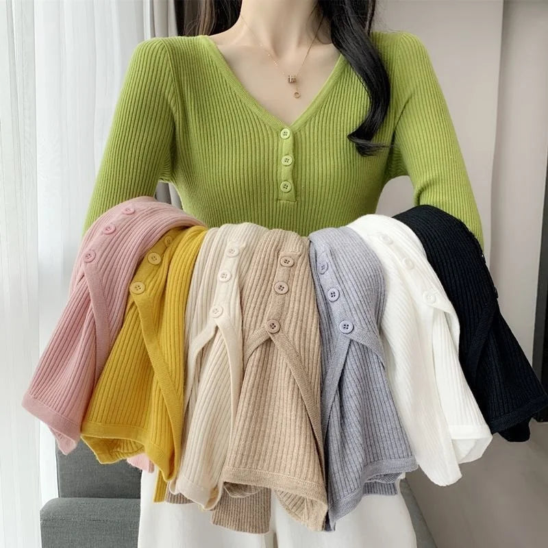 Elegant Casual Women's Triple Breasted Knit Sweater Custom Rib Knitwear Pullover Button Decoration for Spring Custom Front
