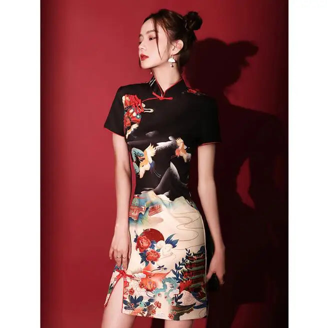 Ecowalson  New Summer China-Chic Cheongsam Young Girls' Improved Black Short Chinese Women's Wear Old Shanghai Vintage Modern