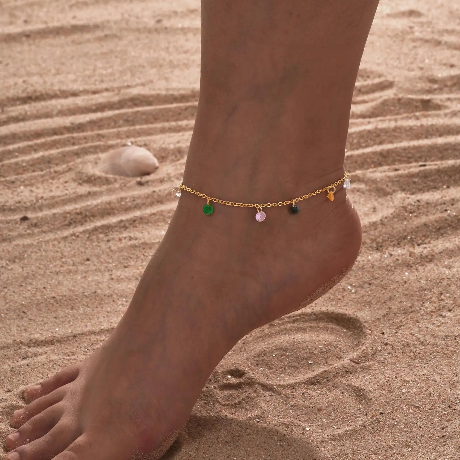 Trendy 18K Gold Plated Waterproof Colorful Zircon Geometric Tassel Stainless Steel Anklet for Summer