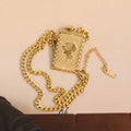 Carline Fashion Jewelry Stainless Steel Trendy Rectangular Rose Design Cuban Chain 18K Gold Plated Pendant Necklace for Women