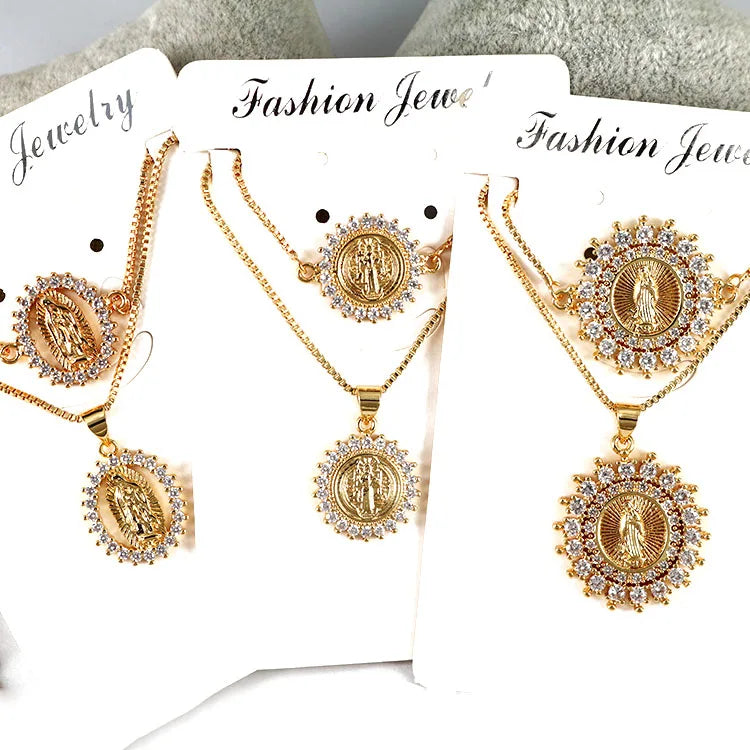 S11073 Fashion Cubic Zirconia Virgen De Guadalupe Virgil Mary Bracelet Necklace Christian Religious Jewelry Sets for Women