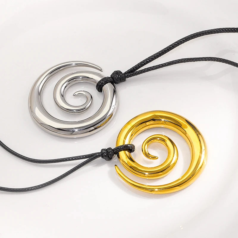 Unisex Minimalist Spiral Necklace Gold Silver Stainless Steel Pendant Leather Cord Daily Fashion Jewelry Couple Accessories