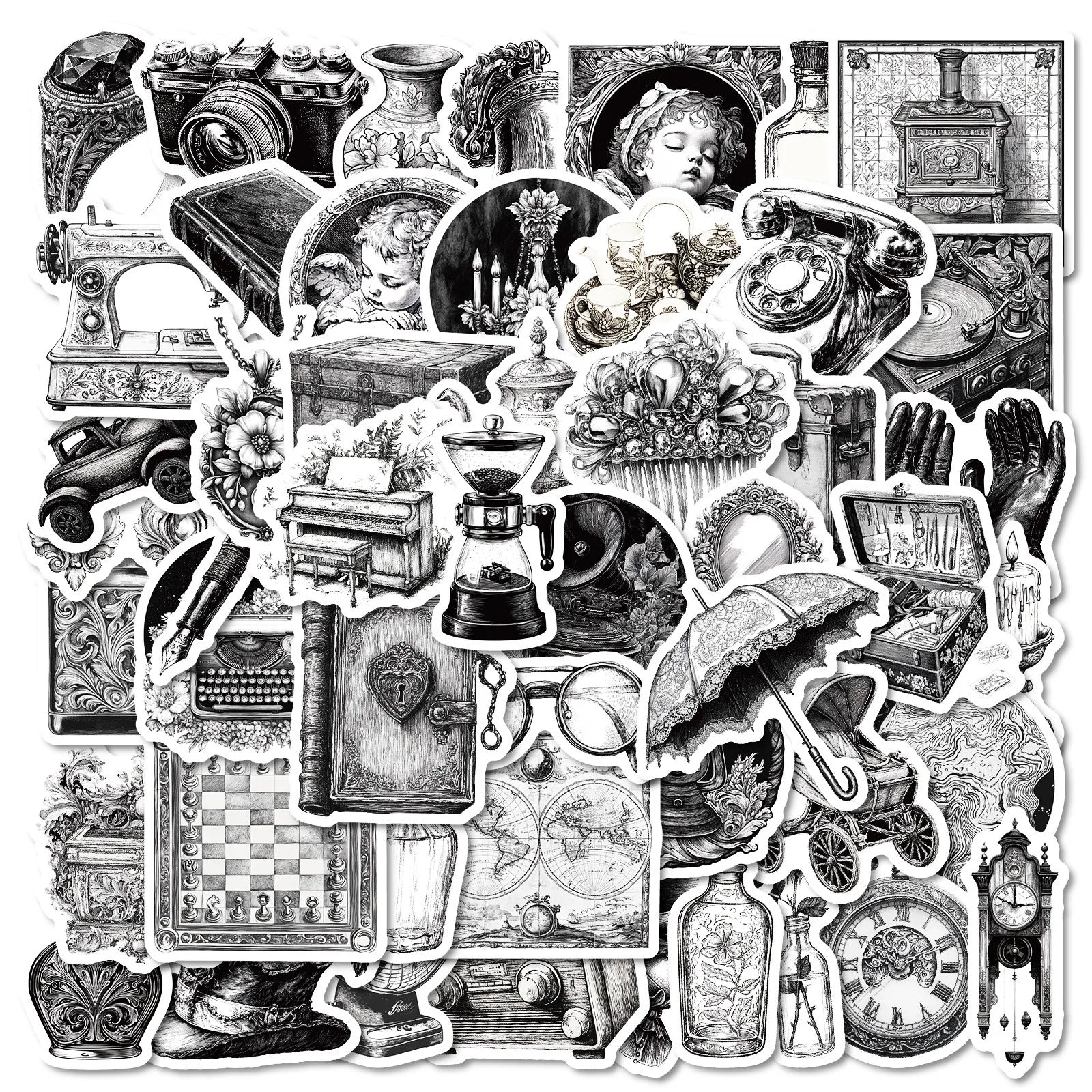 50 Pcs Black and White Retro Items PVC Waterproof Stickers for Skateboard Laptop Pencil Case Refrigerator Table and Books