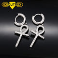 European Personalized Hips Hops Iced Out Bling Zircon CZ Ankh Cross Pendant Round Huggie Earring