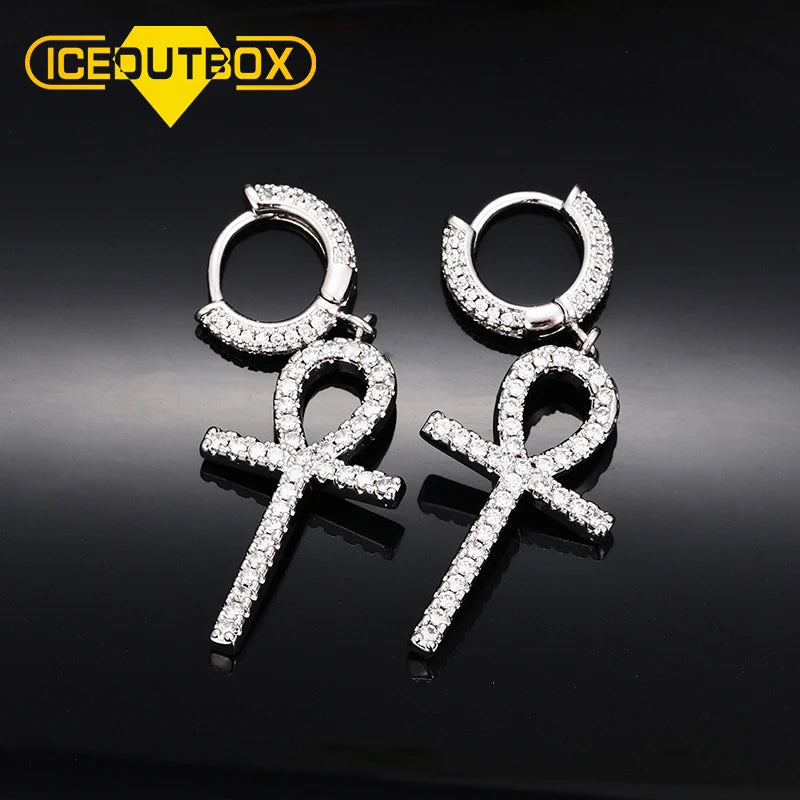 European Personalized Hips Hops Iced Out Bling Zircon CZ Ankh Cross Pendant Round Huggie Earring