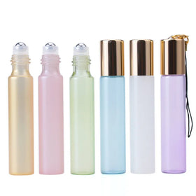 In Stock 10ml Pearl Color Green Yellow pink Purple Blue White Glass Roll on Pendant Perfume Bottle With Keychain Cap