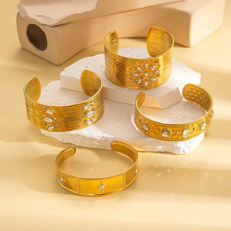 YL 18K Gold Plated Stainless Steel Bracelet for Women - Golden INS Style Non-Fading High-End Open Retro Design