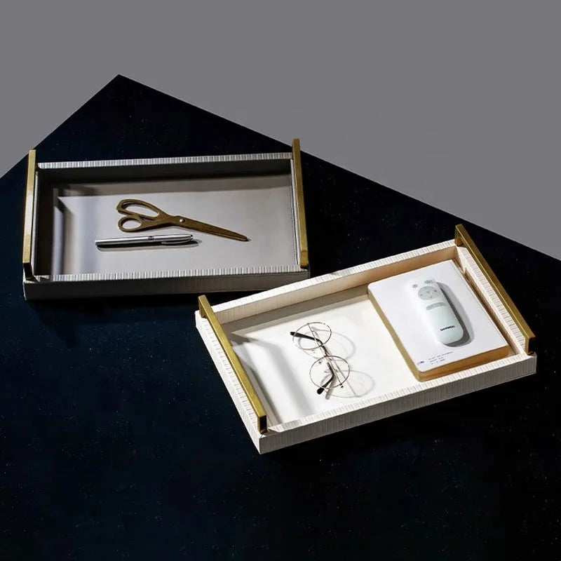 European Luxury PU Leather Storage Organizer Tray with Golden Metal Handles for Bathroom & Living Room Tableware Storage