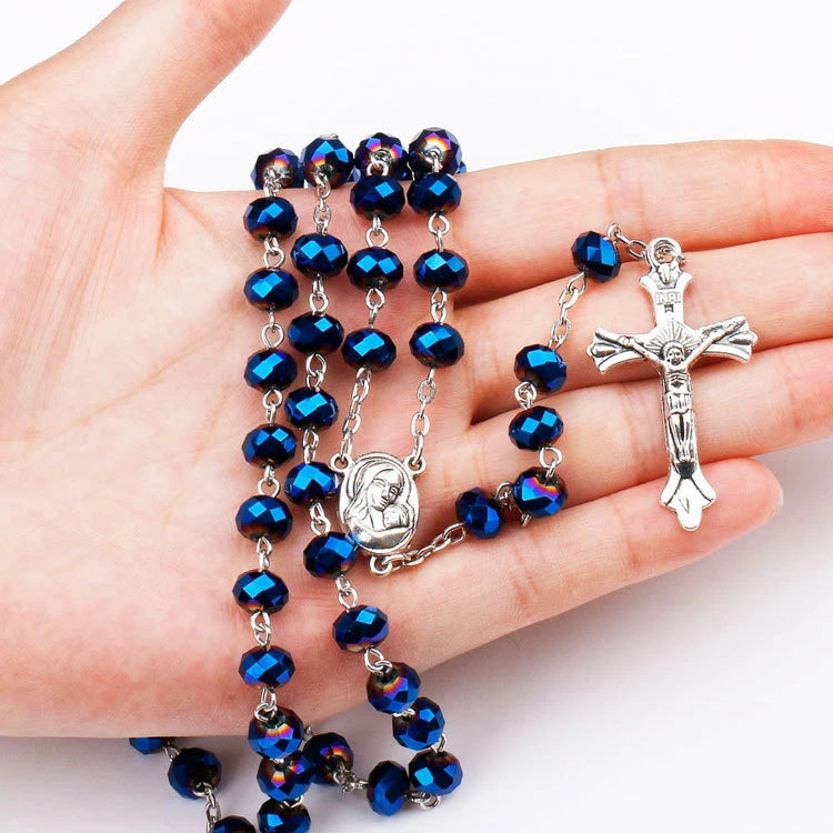 Y206 Wholesale Colliers Religious Blue Crystal Beaded Rosary Men Necklace Catholic Cross Pendant Fashion Jewelry Necklaces