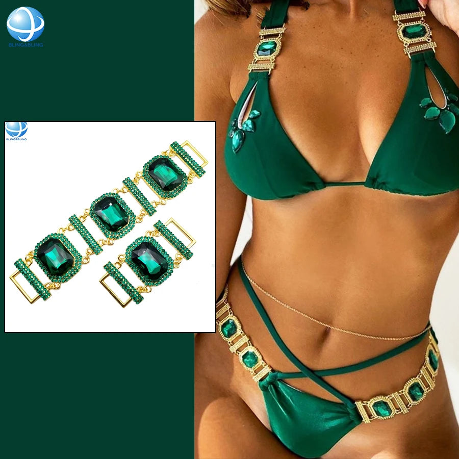 Factory Wholesale Green Crystal Rhinestone Bikini Connector Sex Women Swimwear Buckle for Female Beachwear