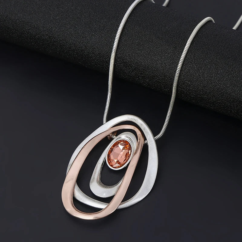 TongLing European Vintage Necklace Alloy Three Loop Circle Ring Rhinestone Strand String Long Pendant Necklace MegaBDM